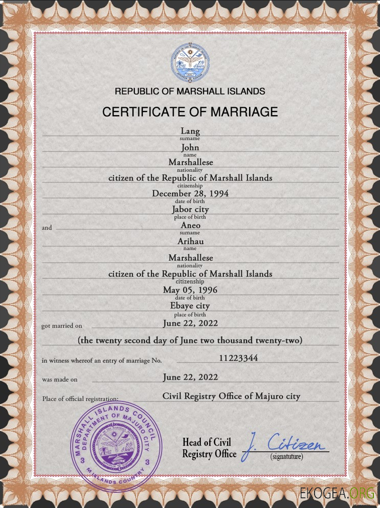 Modèle PSD de certificat de mariage des Îles Marshall